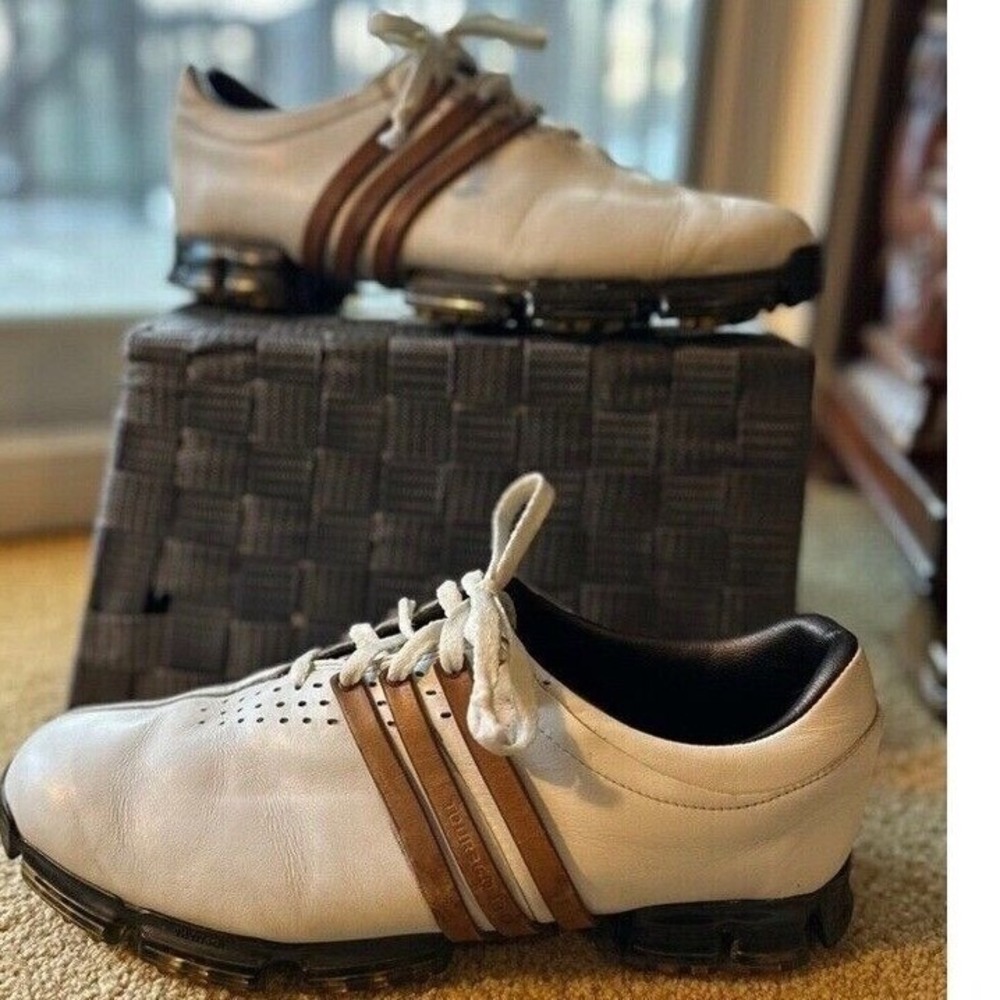 Adidas‎ Golf Cleats Tour 360 Leather Men's Size 10 White & Brown Sportsgear